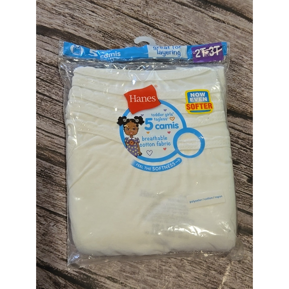 Hanes Girls White 2T/3T TAGLESS Cotton Stretch 5-Pack Toddler Camis NIP (220)